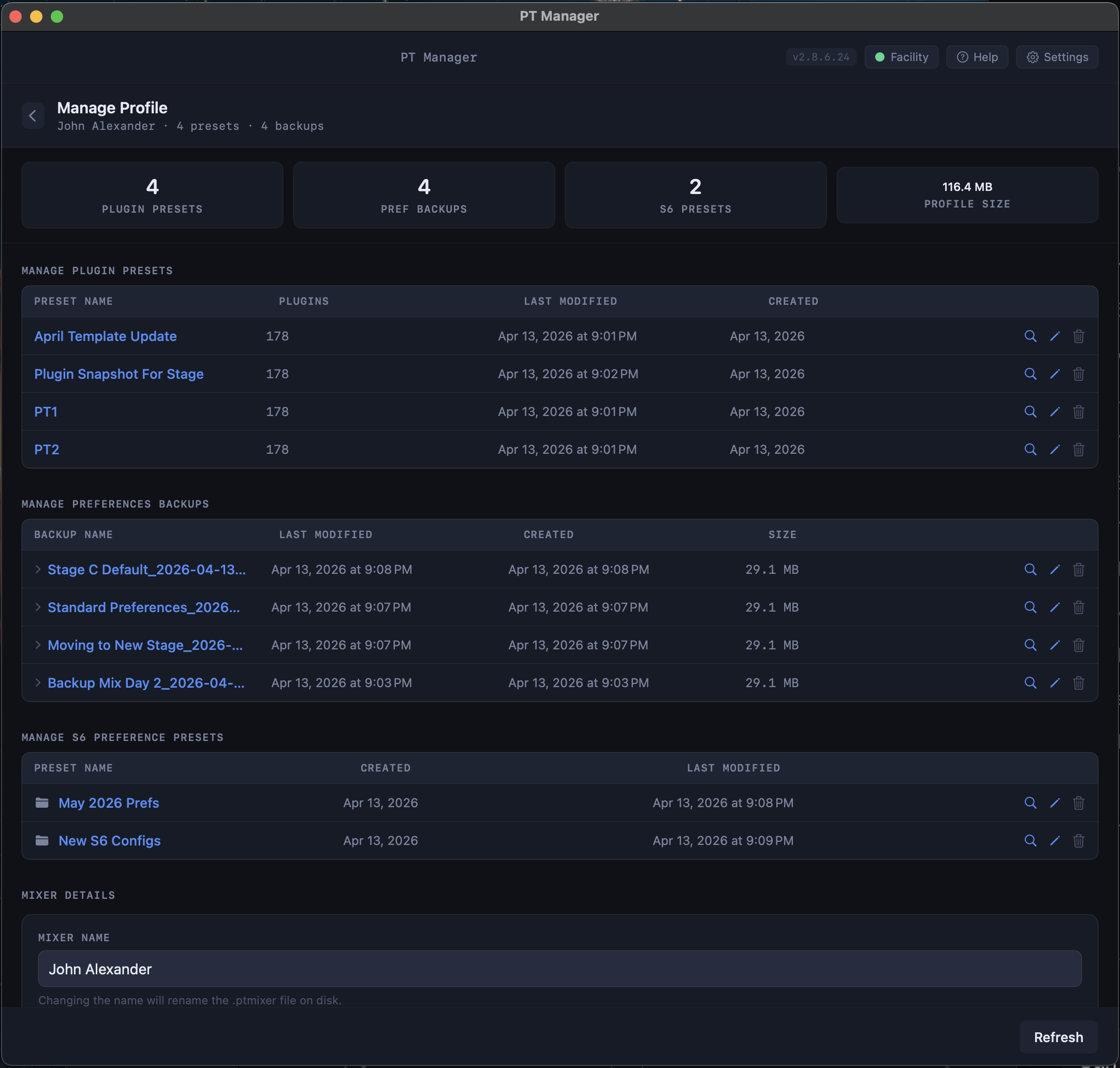 Manage Profile view