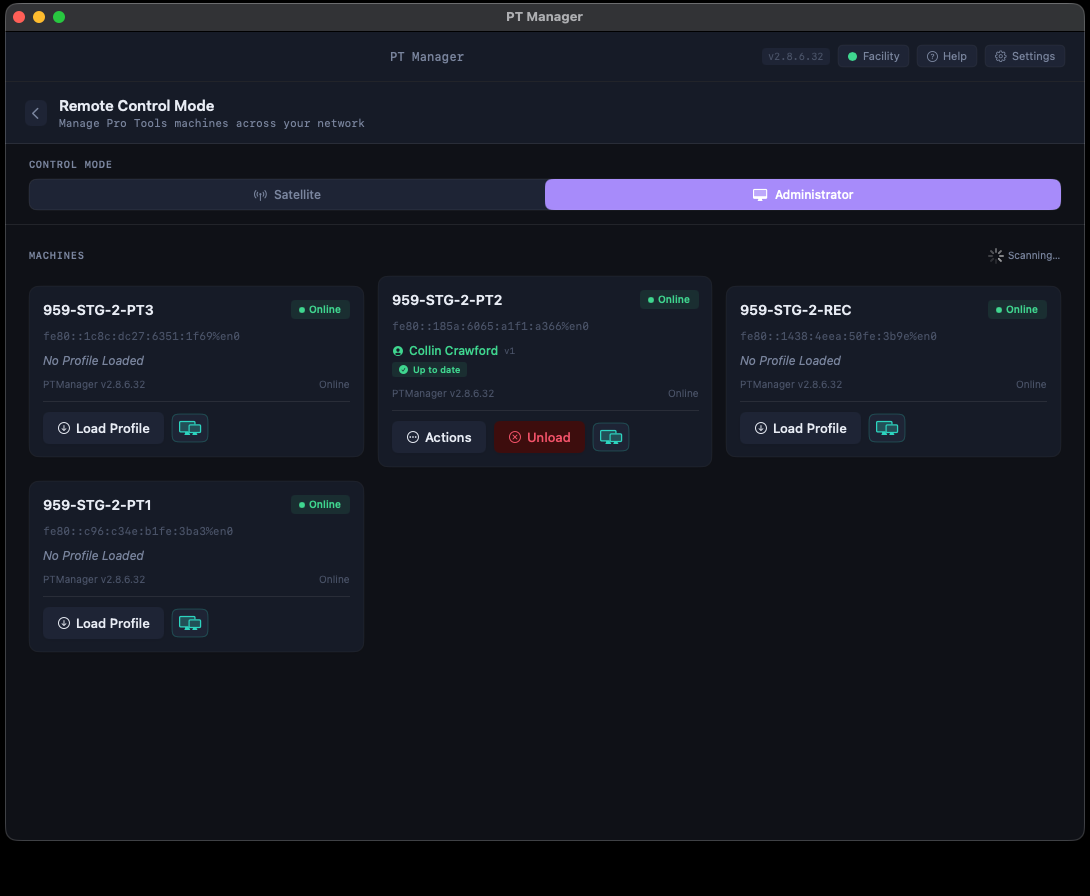 Remote Control Administrator view with multiple satellite machines
